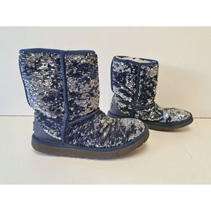 UGG Australia Women’s Classic Short Blue Silver Sequin Shearling Boots Size 7